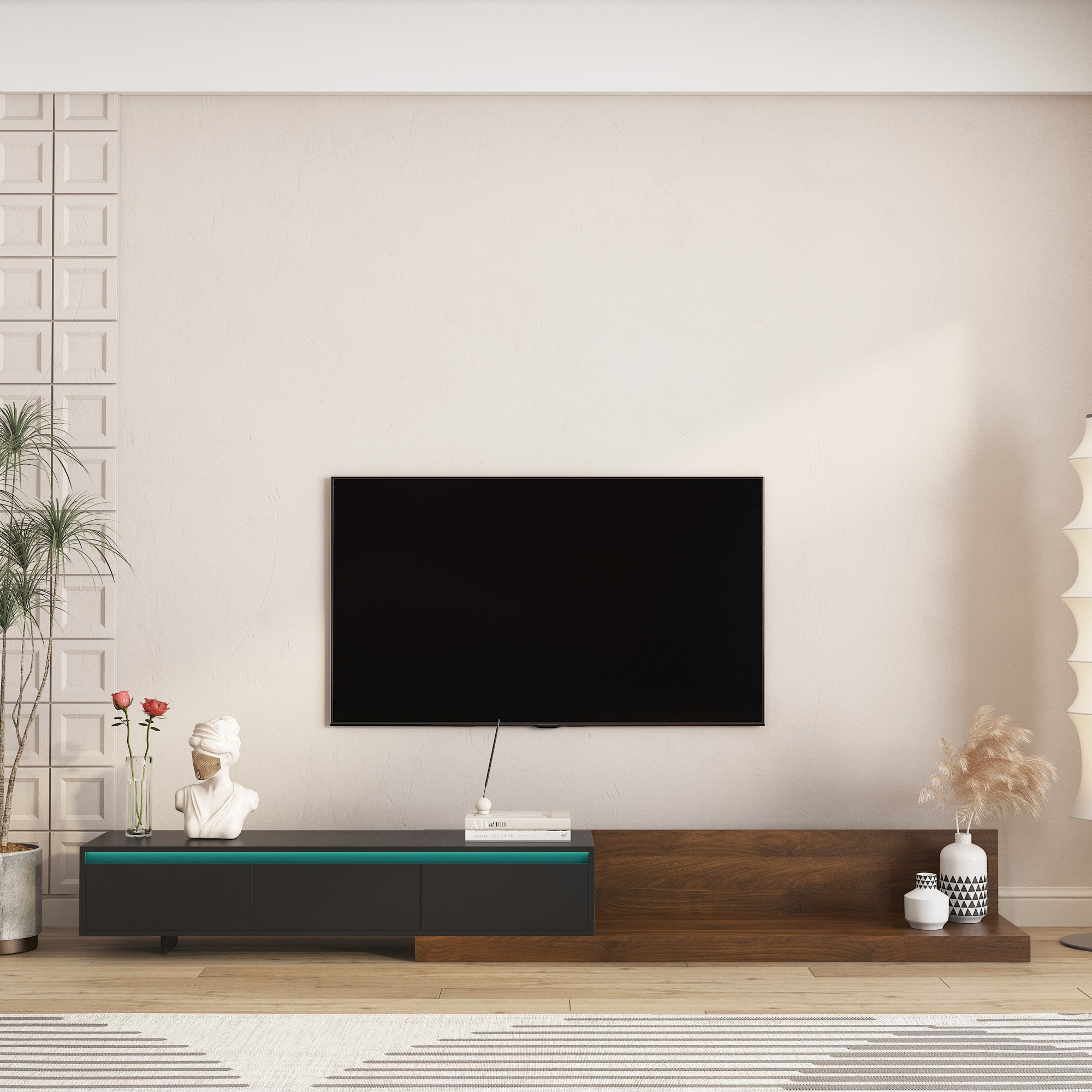 Modern TV Stand with LED Lights , Entertainment Center Wooden TV Stand, TV Stand Desk Media Cabinet with Storage for Living Room Bedroom