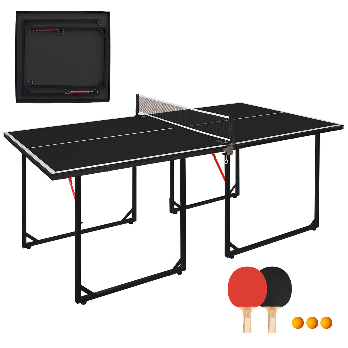 6ft Mid-Size Table Tennis Table, Foldable & Portable Ping Pong Table Set for Indoor & Outdoor Games with Net, 2 Table Tennis Paddles and 3 Balls (Black Tabletop)