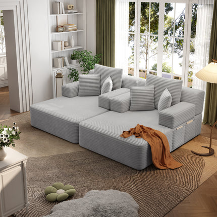 Oversized Double Chaise Lounge 2-Piece Set, Luxurious Plush Corduroy Convertible Sofa Bed with 6 Pillows and Storage Pocket, for Small Spaces,Home Theater, Living Room, Light Grey