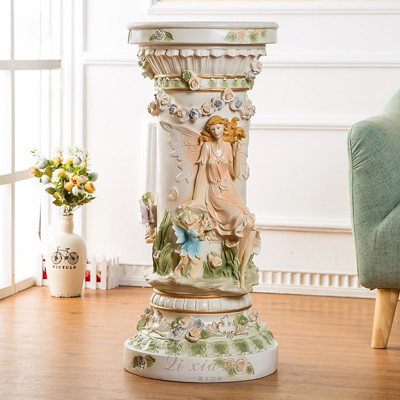 33' Luxury Vintage Roman Column Pedestal, Resin Pillar with Fairy & Floral Relief, Elegant Display Stand for Living Room, Entryway & Home Aesthetic Decor