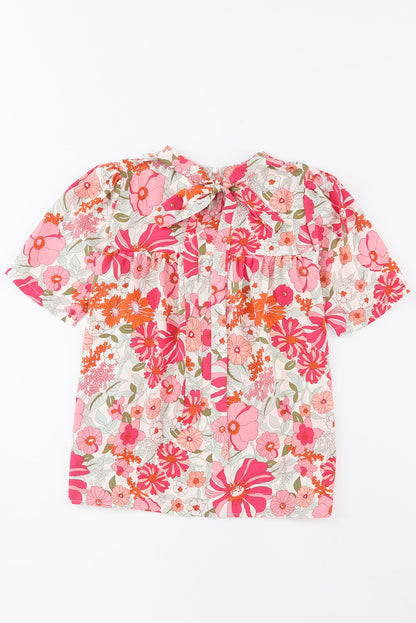 Purple Floral Print Crew Neck Short Sleeve Blouse - Eloy Royal