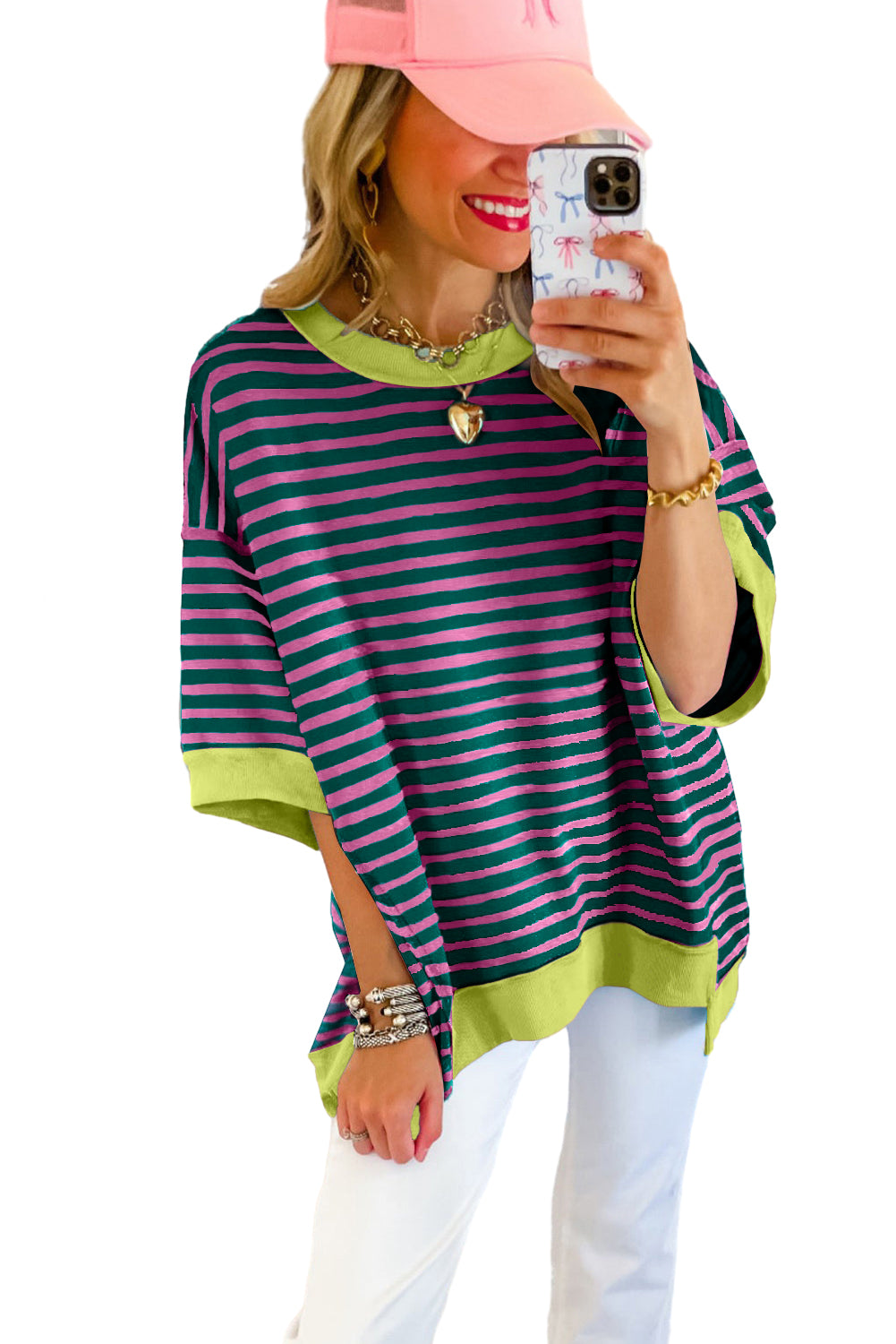 Pink Stripe Colorblock Drop Sleeve Loose Top - Eloy Royal