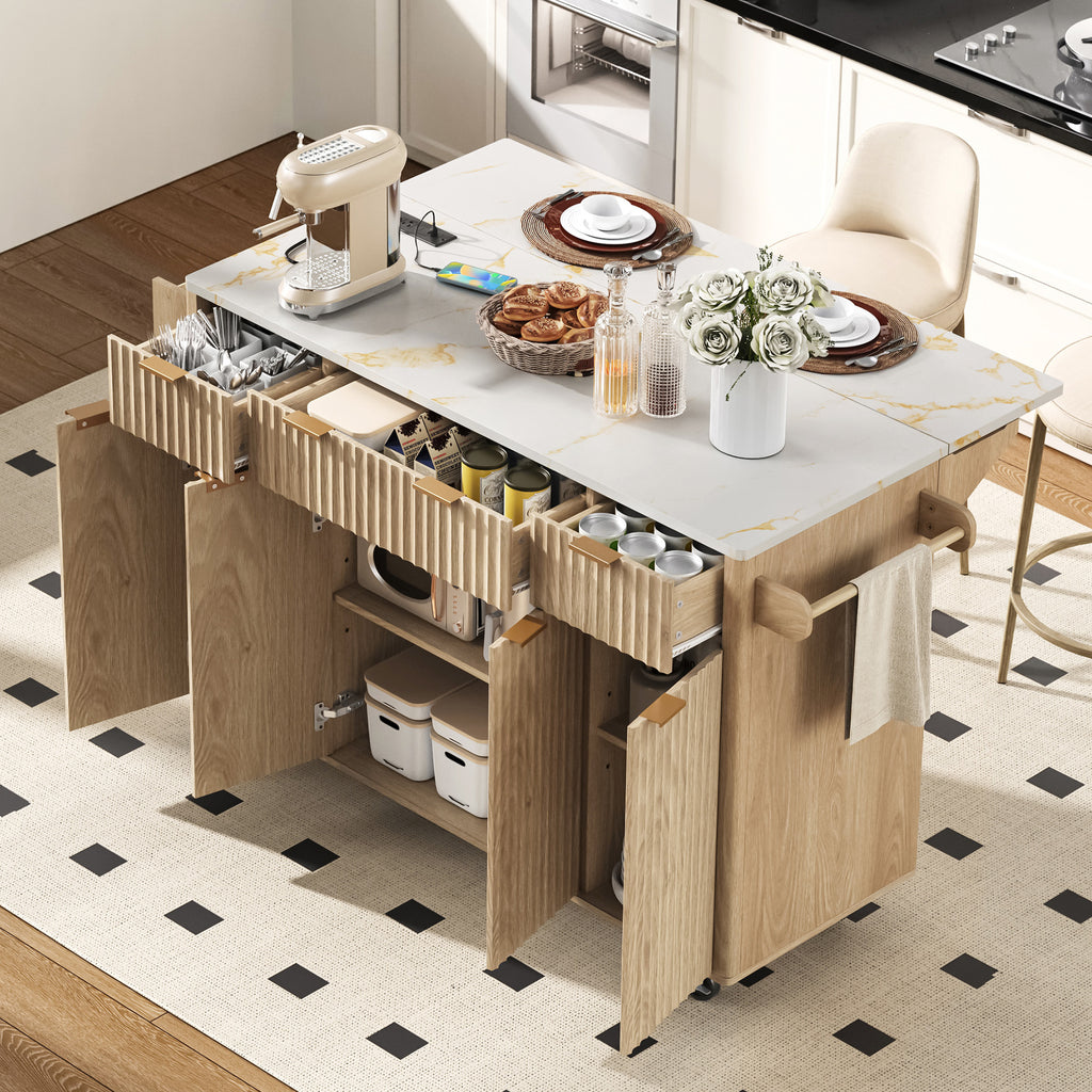 K&K Fluted Kitchen Island with Storage, 55.5' Kitchen Island with Drop Leaf, Power Outlet, 4 Doors and 3 Drawers, Rolling Island Table with Faux Marble Top, Curved Edge for Kitchen,Dining Room Natural