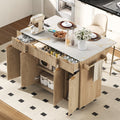 K&K Fluted Kitchen Island with Storage, 55.5' Kitchen Island with Drop Leaf, Power Outlet, 4 Doors and 3 Drawers, Rolling Island Table with Faux Marble Top, Curved Edge for Kitchen,Dining Room Natural