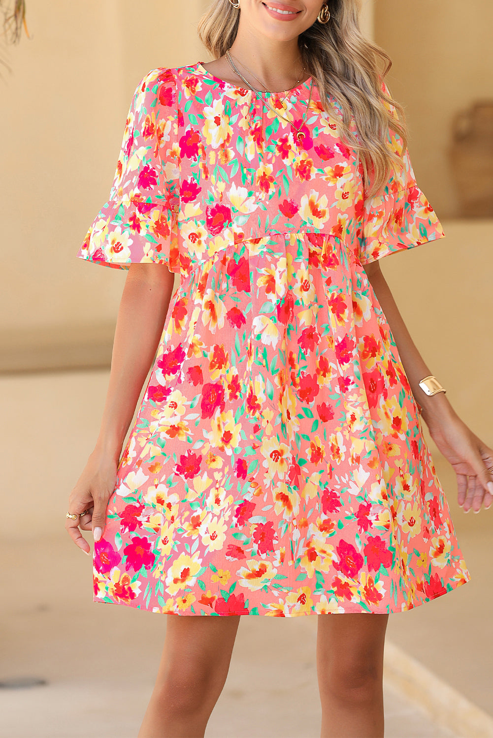 Multicolor Floral Print Flounce Sleeve Pleated Mini Dress - Eloy Royal