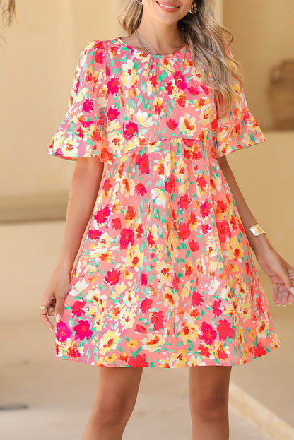 Multicolor Floral Print Flounce Sleeve Pleated Mini Dress - Eloy Royal