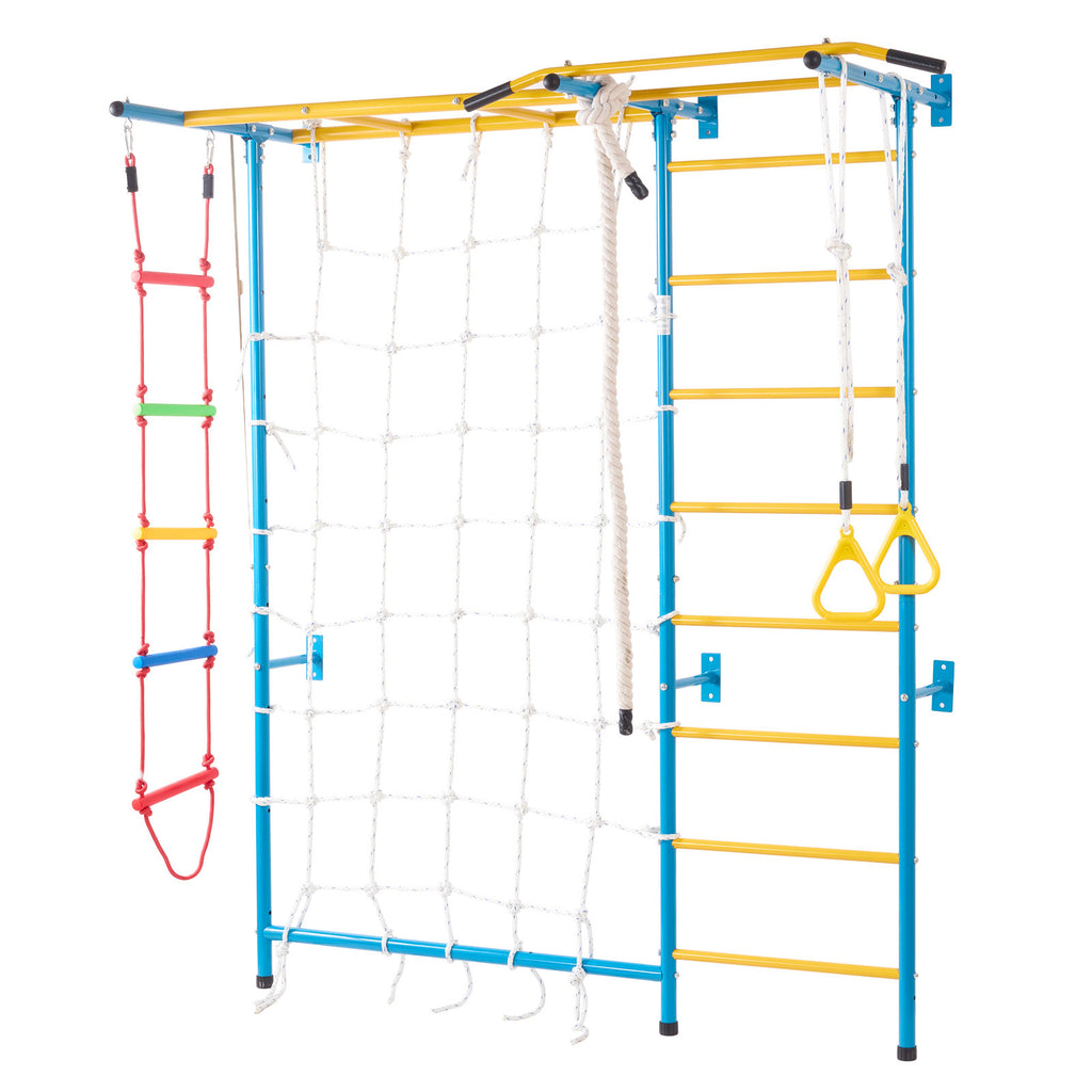 Indoor Jungle Gym for Toddlers, 7-in-1 Climbing Playset with Carbon Steel Swedish Ladder, Wall Ladder, Pull-Up Bar, Rope Ladder, and Gymnastic Rings, Supports 220 lbs, Multicolor
