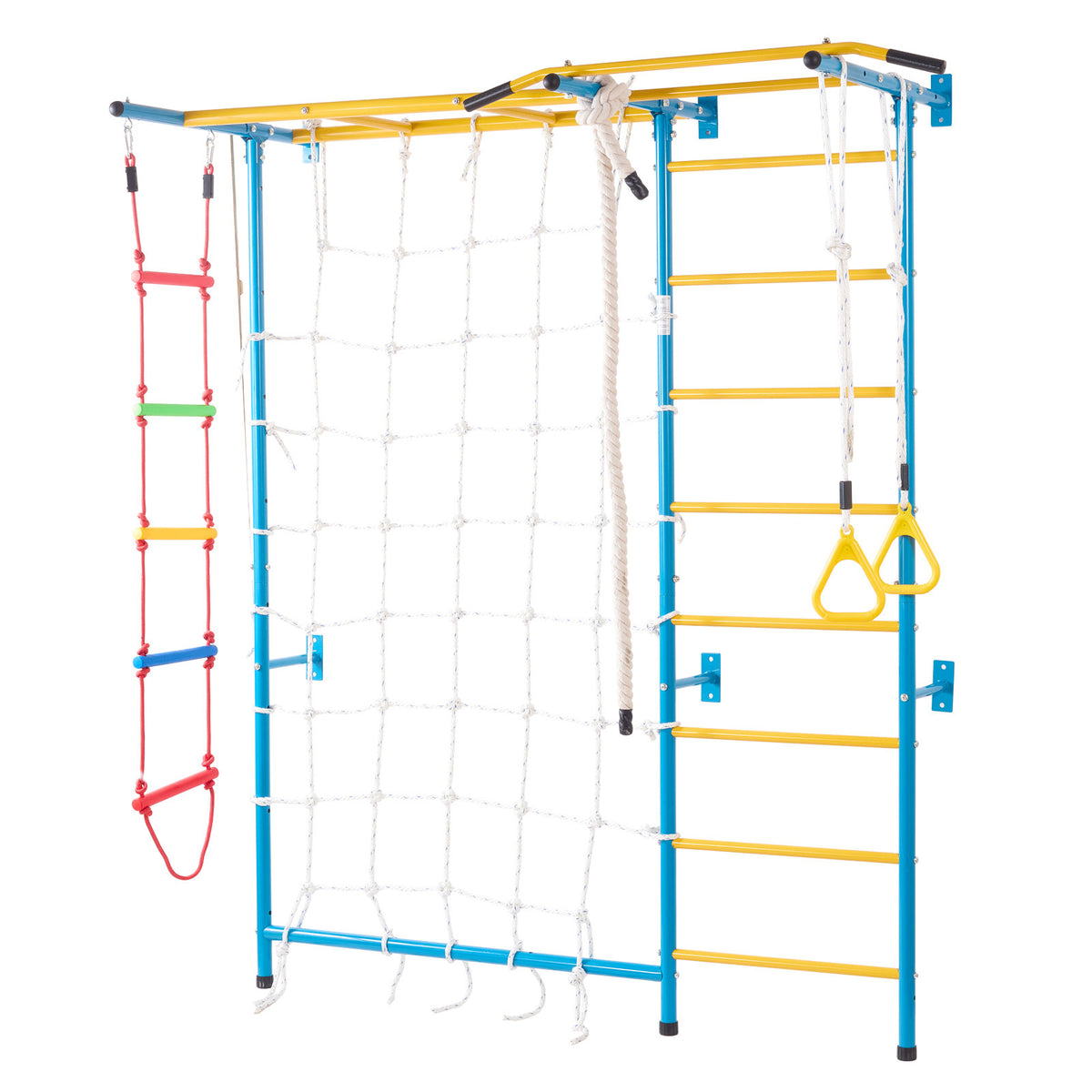 Indoor Jungle Gym for Toddlers, 7-in-1 Climbing Playset with Carbon Steel Swedish Ladder, Wall Ladder, Pull-Up Bar, Rope Ladder, and Gymnastic Rings, Supports 220 lbs, Multicolor