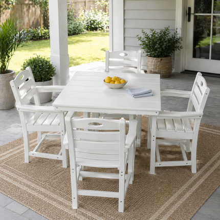 White HDPE 5-Piece Outdoor Patio Dining Set with Square Table, Umbrella Hole and 4 Armchairs