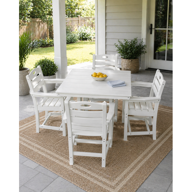 White HDPE 5-Piece Outdoor Patio Dining Set with Square Table, Umbrella Hole and 4 Armchairs