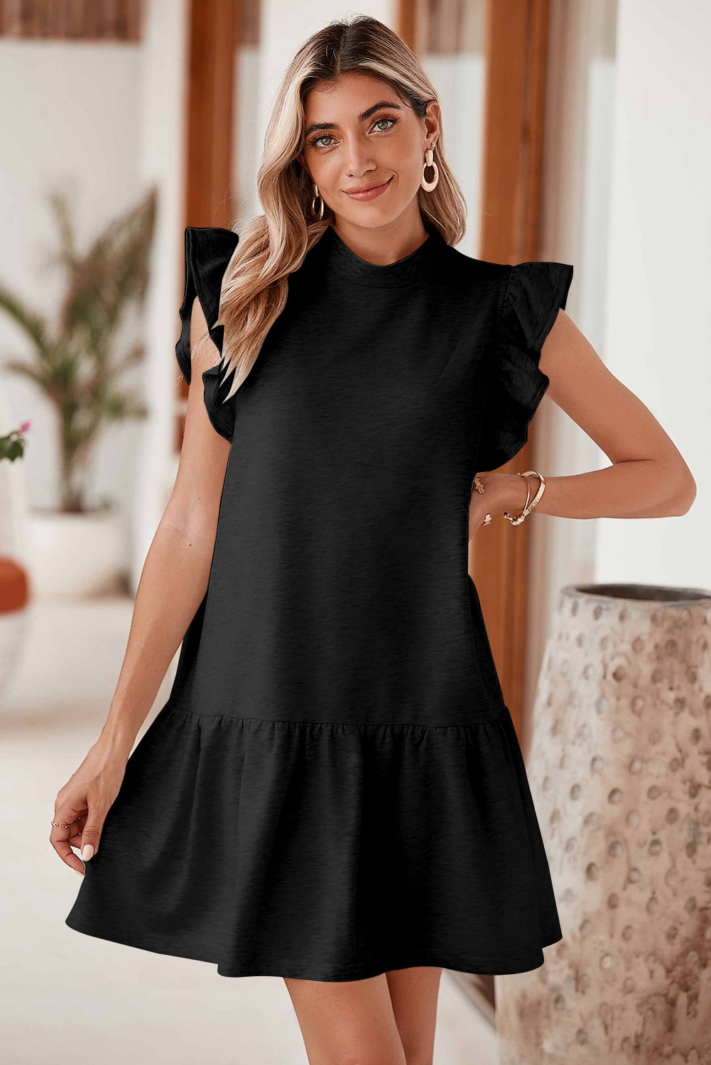 Black Solid Color Ruffle Hem Mini Sweatshirt Dress - Eloy Royal