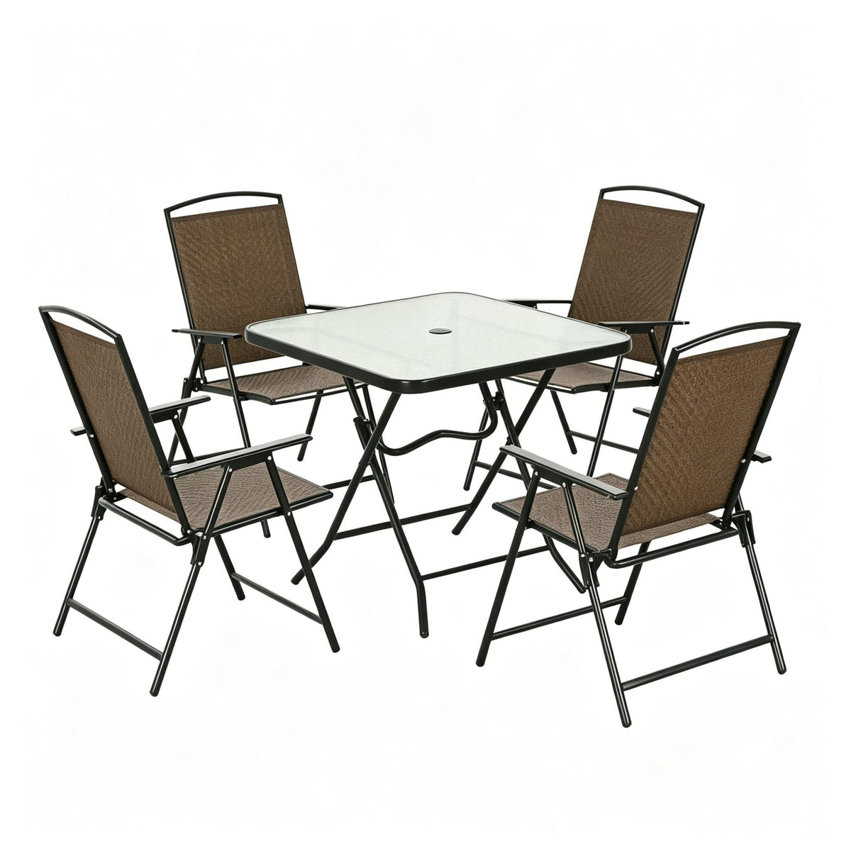 Space-Saving Outdoor Furniture Set, Foldable Patio Dining Set with Tempered Glass Table and PE Wicker Chairs in Dark Brown