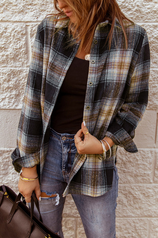 Black Plaid Collared Split Button Up Shacket - Eloy Royal