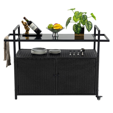 Outdoor Wicker Bar Cart with Patio Wine Serving Cart w/Wheels
