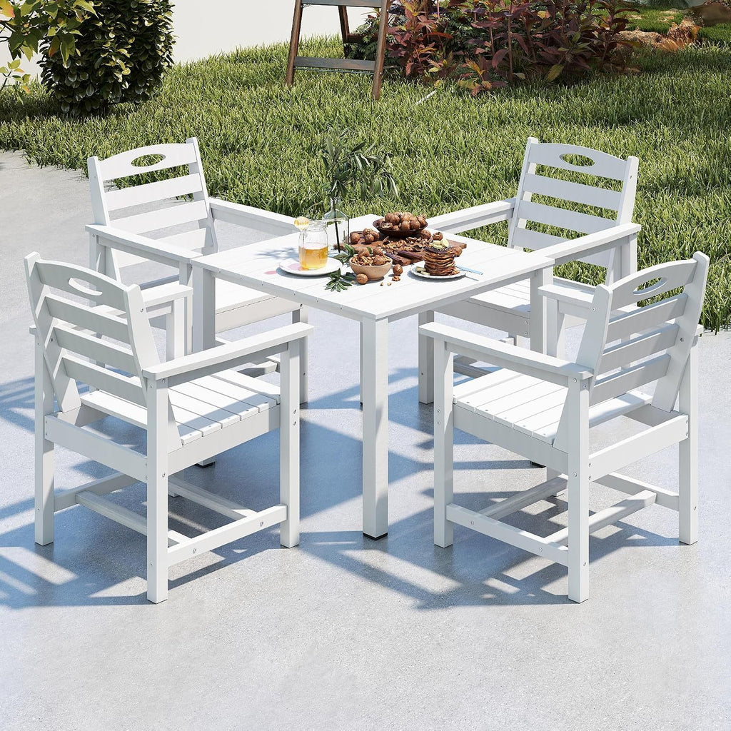 HDPE Outdoor Dining Set, All-Weather Outdoor Dining Table Set of 5 with 2' Umbrella Hole, Outdoor Patio Dining Set for Garden, Poolside, Backyard, Deck, White