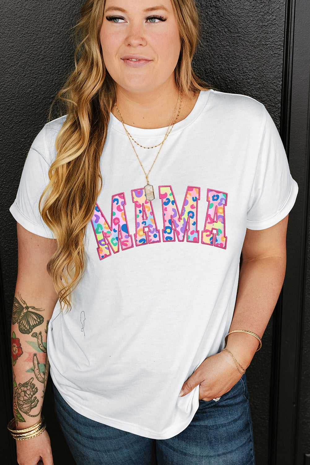 White Leopard MAMA Embroidered Graphic Plus Size Tee - Eloy Royal