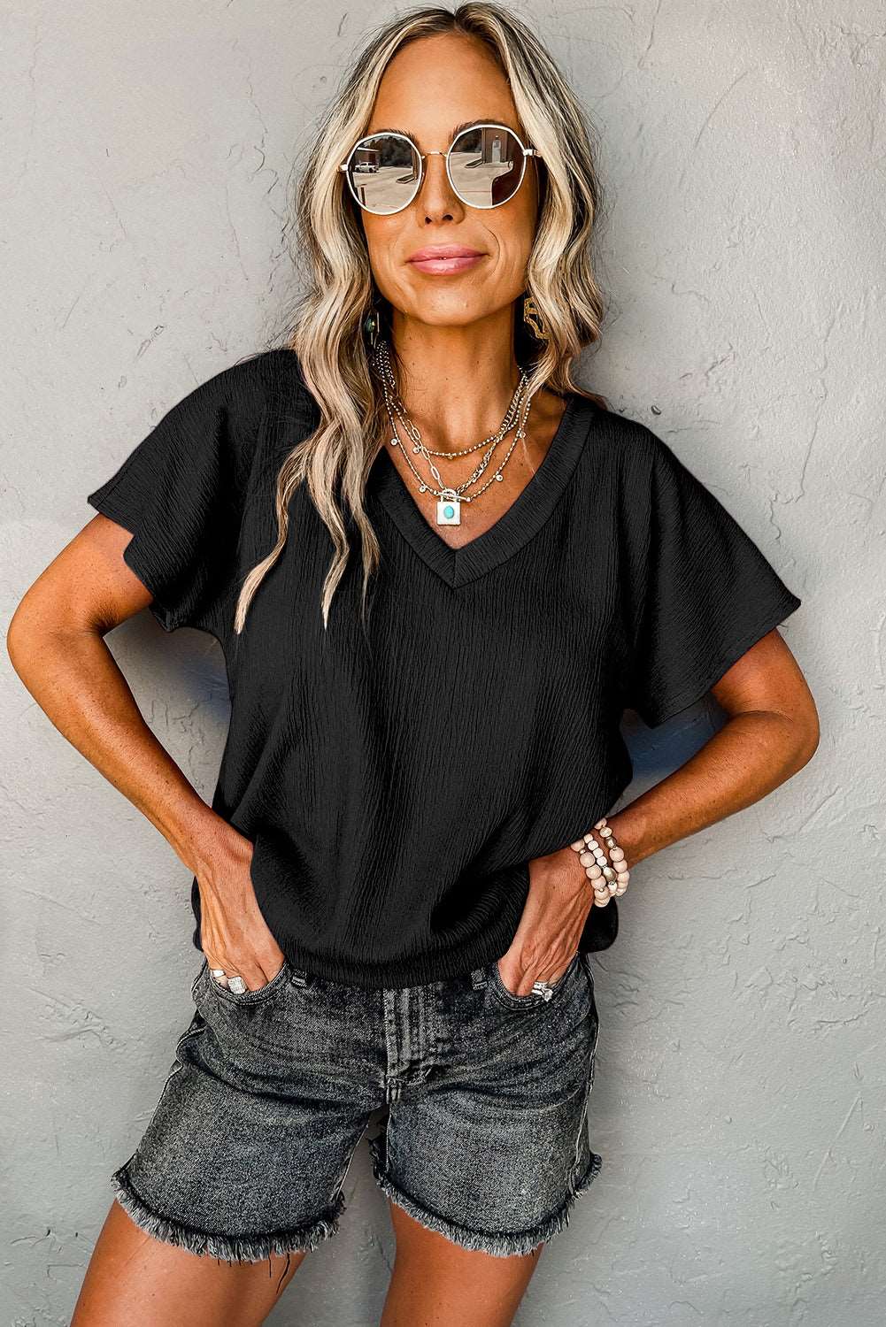 Black Plain Crinkled V Neck Short Sleeve Blouse