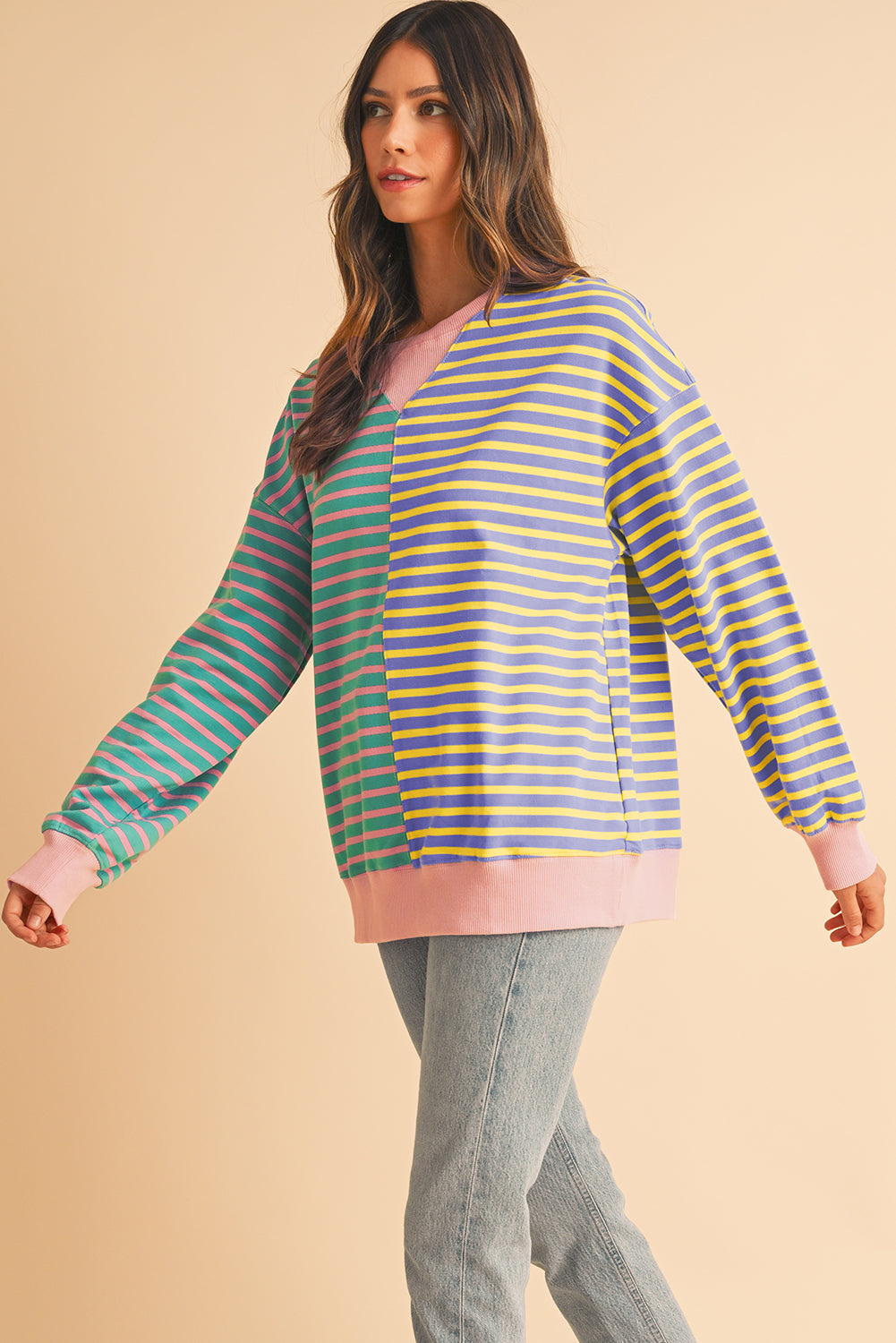 Brown Stripe Colorblock Drop Shoulder Oversize Sweatshirt