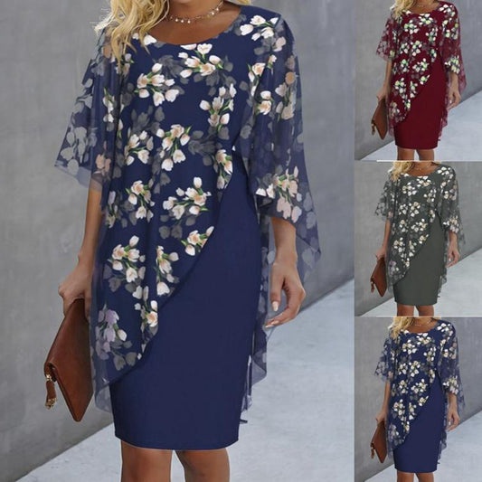 Printed Chiffon Fashion Dark Blue Wine Red Army Green Dress