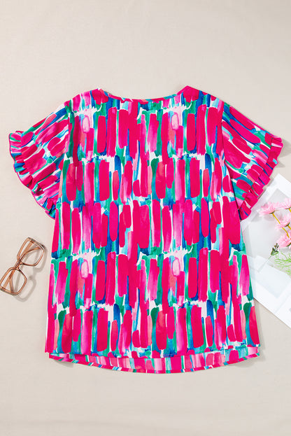 Rose Plus Size Abstract Print Ruffled Petal Sleeve Blouse - Eloy Royal