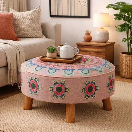 Mandala Slub Ottoman 24x24x12' Beige Cotton Fabric