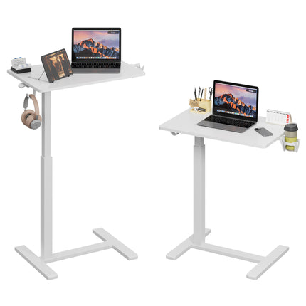 26'×19' White  Side Column Height Adjustable Gas Spring Laptop Desk with Wheels, Portable Sit-Stand Mobile Office Table with Cup Holder and Headphone Hook