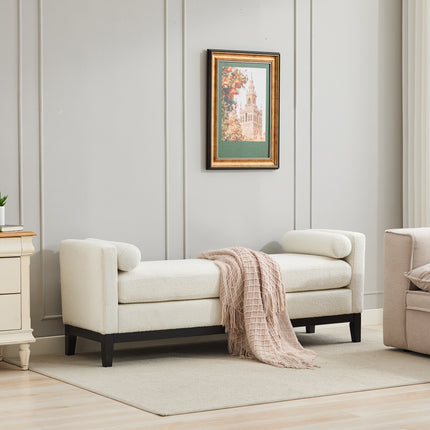 66.34'W Upholstered End of Bed Bench with Black Finish Wood Frame, Daybed, Footrest Stool Ottoman with Arms & Wood Legs & 2 Bolsters for Bedroom, Window, Living Room, Entryway, Hallway,Ivory Boucle