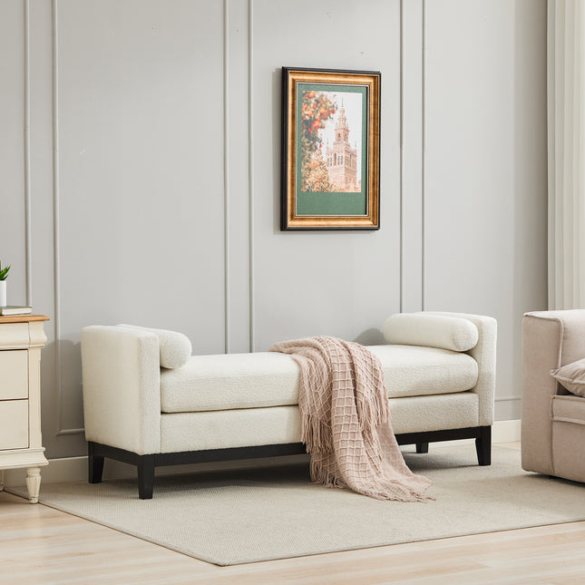 66.34'W Upholstered End of Bed Bench with Black Finish Wood Frame, Daybed, Footrest Stool Ottoman with Arms & Wood Legs & 2 Bolsters for Bedroom, Window, Living Room, Entryway, Hallway,Ivory Boucle