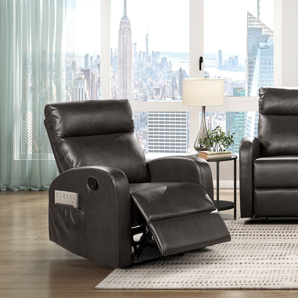 Reclining Chair with Side Pocket Espresso Faux Leather Plush Foam Comfort Modern Wall-Hugger Design Living Room Furniture 1pc