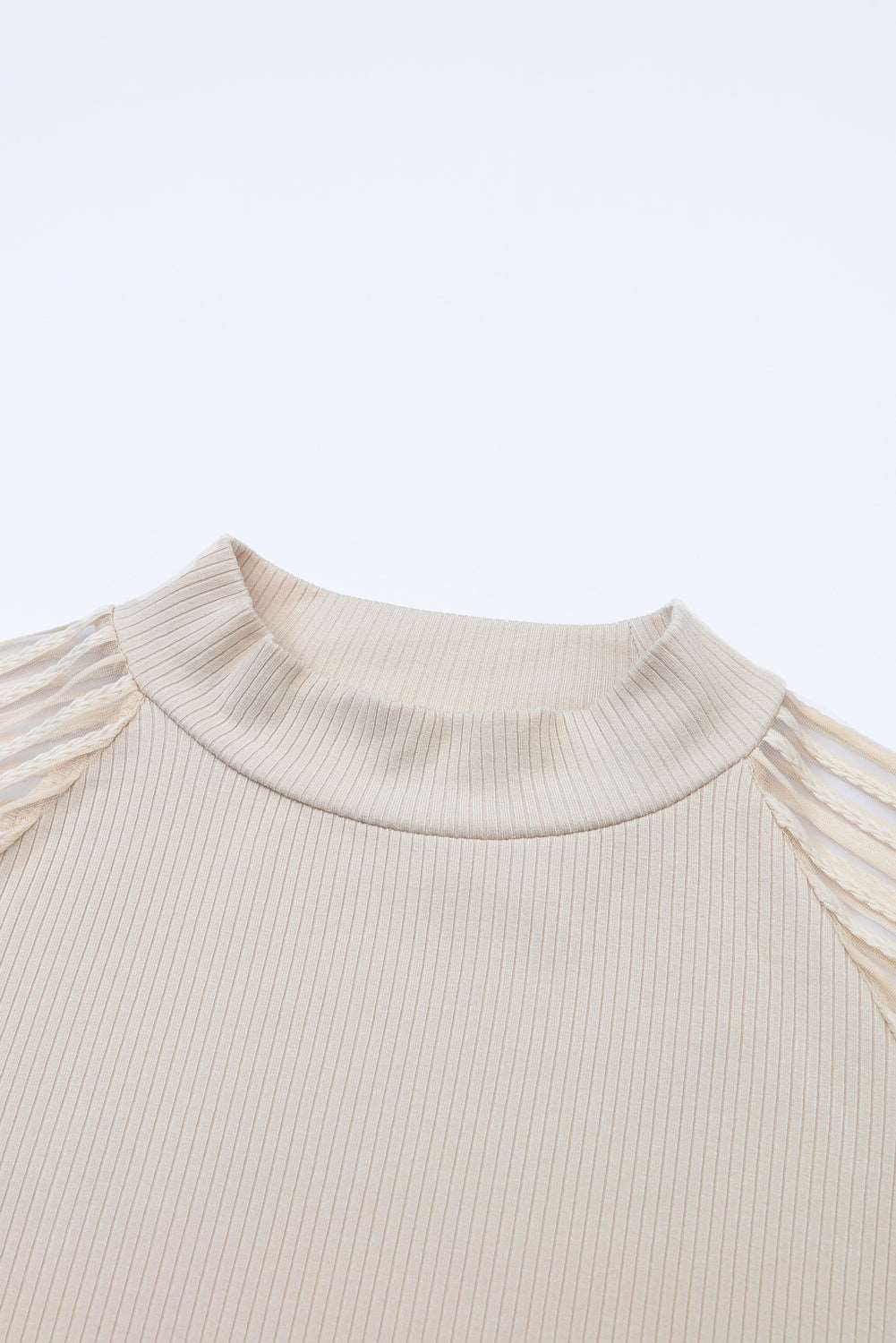 Apricot Ribbed Solid Color Striped Mesh Long Sleeve Top