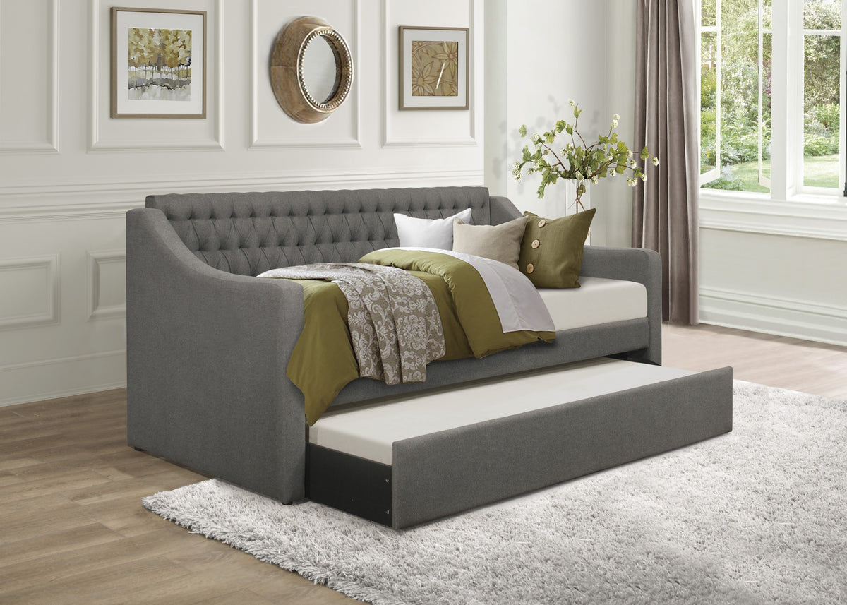 1pc Modern Traditional Gray Upholstery Daybed Pull Out Trundle Casters Tufted Bedroom Living Room Furniture