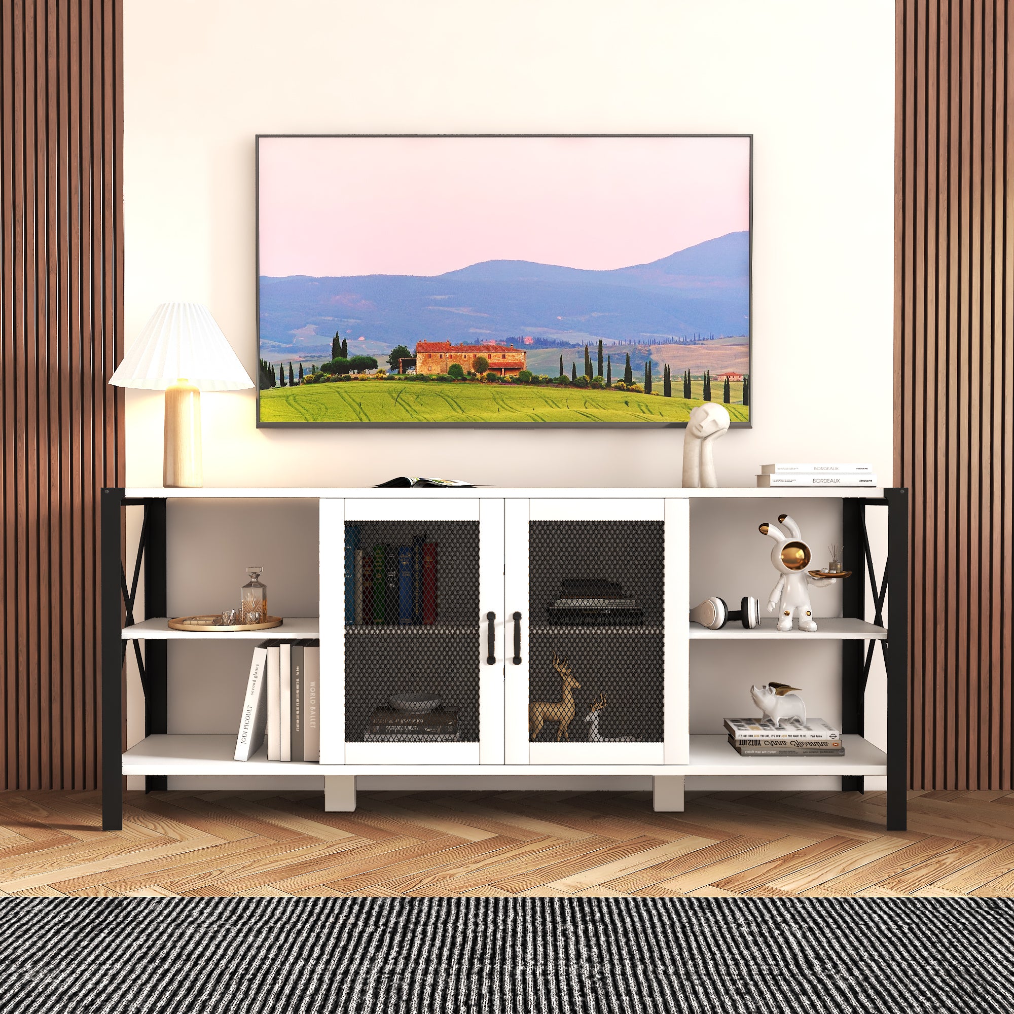 TV Stands for Living Room, Industrial TV Stand for Bedroom Furniture, Farmhouse TV Stand 80 Inch Television Stand , Modern Horizontal Wood and Metal Open Bookshelf