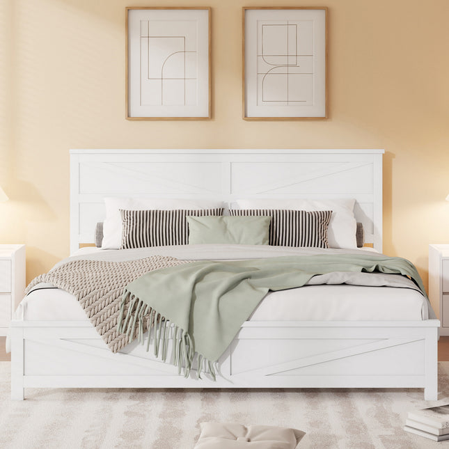 Farmhouse Style King Size Bed with Barn Door Designed Headboard and Footboard,  Pinewood Bed with Strengthened Bed Frame,White
