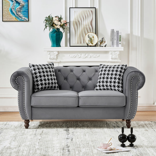 65'Chesterfield ‌velvet upholstery fabric Sofa with Roll Armrest & Nailhead,Upholstered Mid Century Modern Couch,2 Seater Couch for Living Room, Office, Apartment, Grey