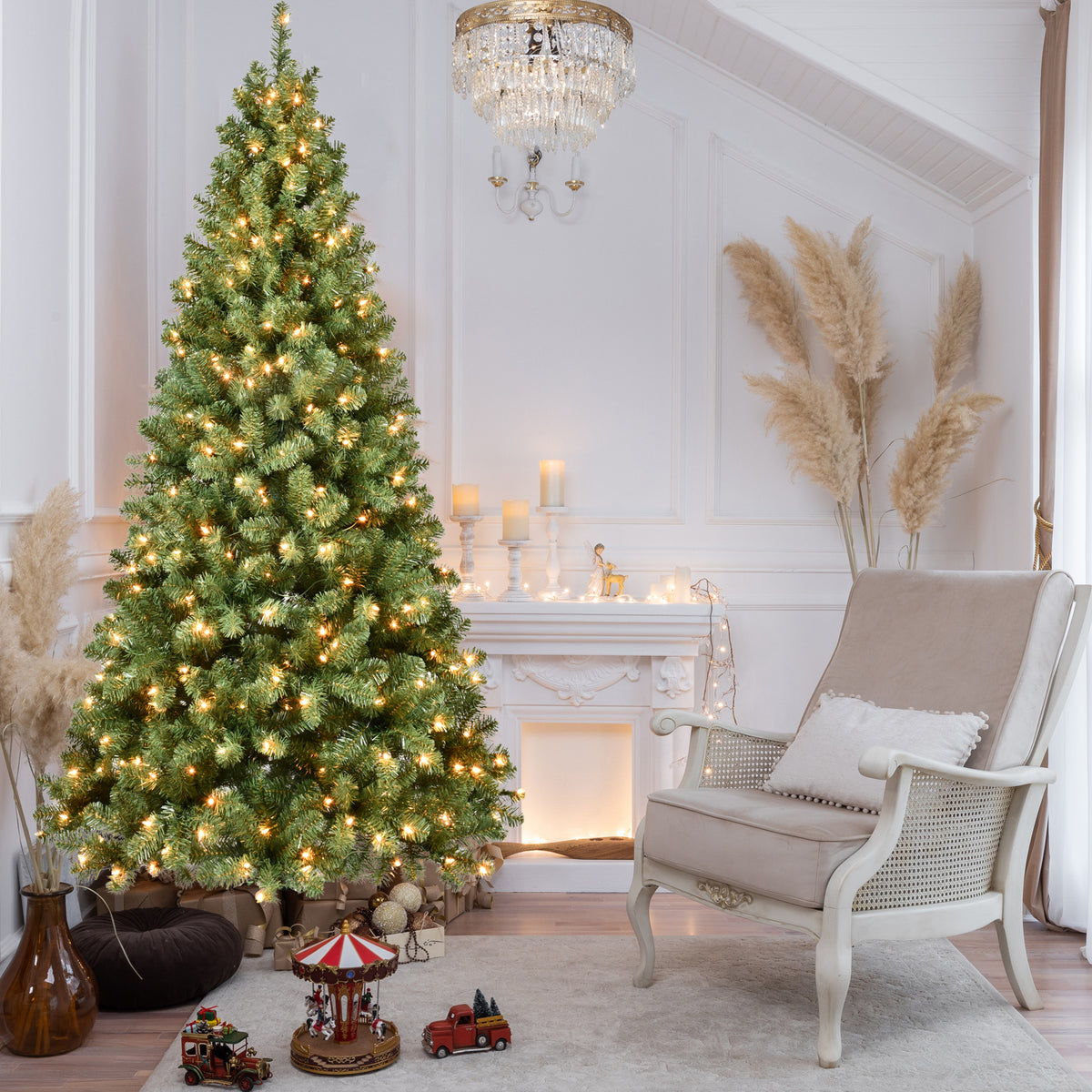 7ft Pre-Lit PVC Christmas Tree with 400 UL Lights, 1072 Tips, Auto-Unfold Memory Wire, Easy Assembly with Stable Metal Stand – Full Artificial Holiday Tree