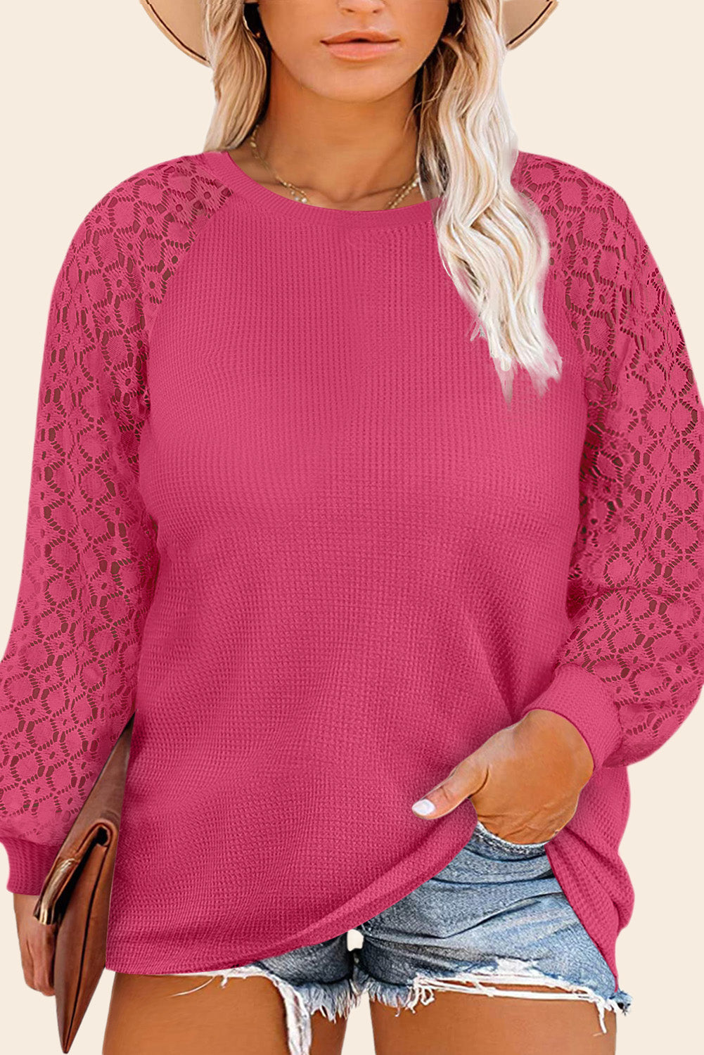 Strawberry Pink Plus Size Contrast Lace Sleeve Waffle Knit Top - Eloy Royal