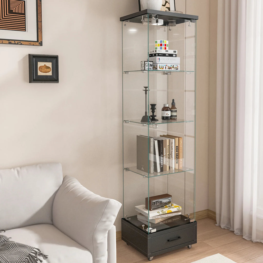 Modern Glass Display Cabinet with Drawer , Quick-assembly Antique Cabinet with LED lights, Tempered Glass Bookshelf, 1-Door Storage Case with 4 Shelves for Living Room and Bedroom, black - Eloy Royal
