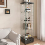 Modern Glass Display Cabinet with Drawer , Quick-assembly Antique Cabinet with LED lights, Tempered Glass Bookshelf, 1-Door Storage Case with 4 Shelves for Living Room and Bedroom, black - Eloy Royal