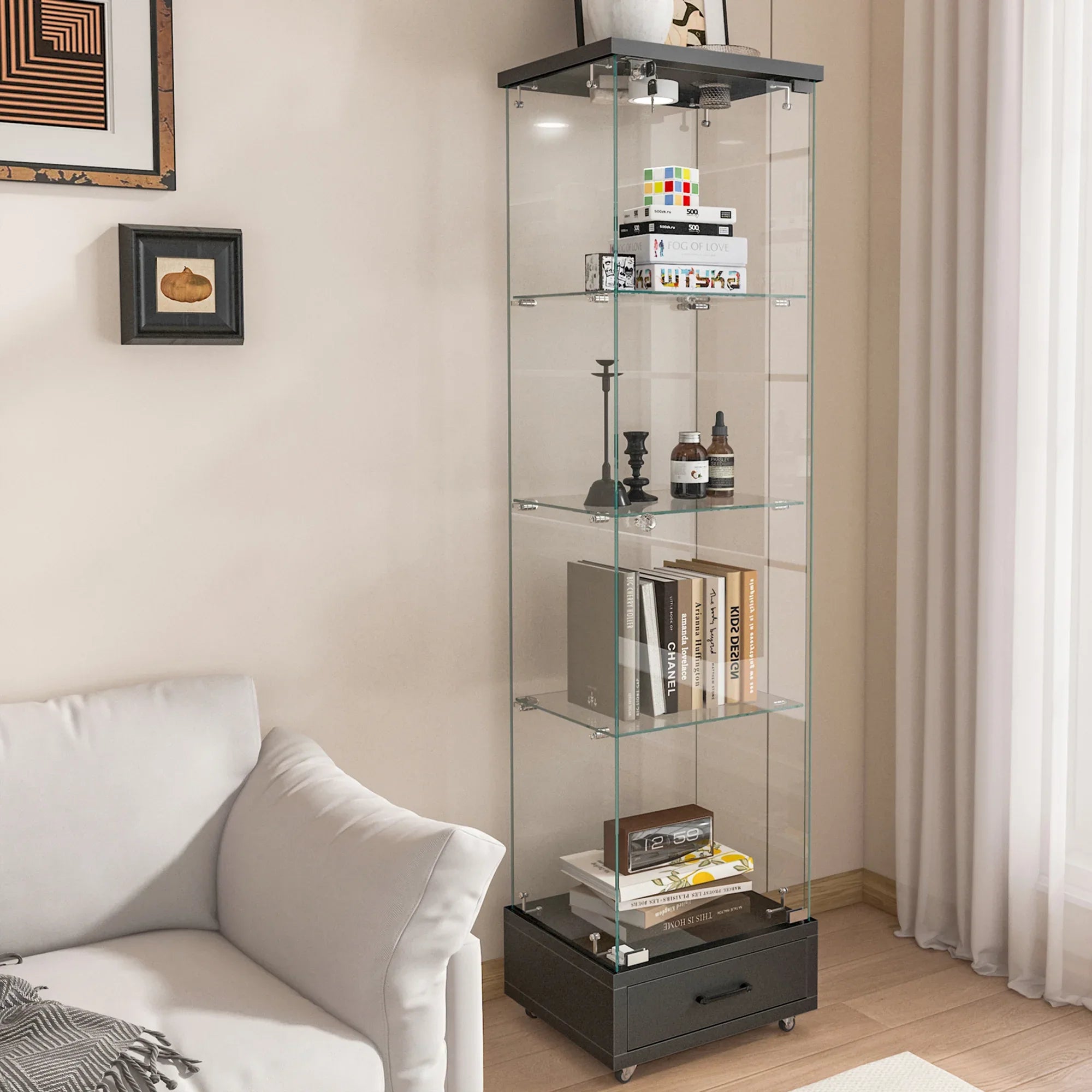 Modern Glass Display Cabinet with Drawer , Quick-assembly Antique Cabinet with LED lights, Tempered Glass Bookshelf, 1-Door Storage Case with 4 Shelves for Living Room and Bedroom, black - Eloy Royal