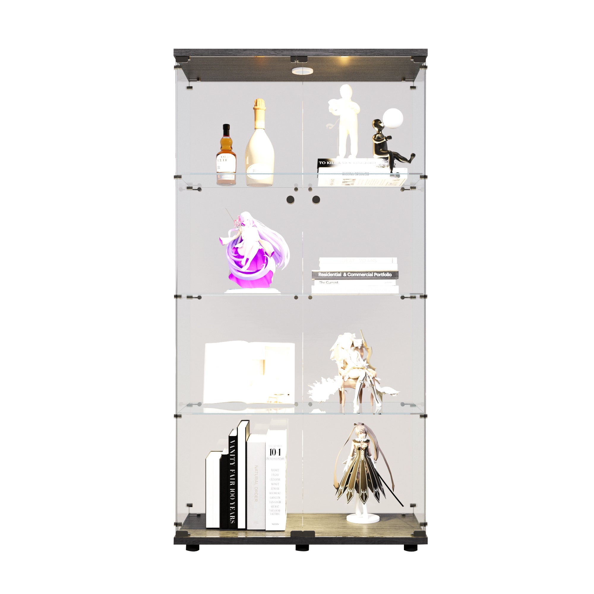 Two-door LED lights  Glass Display Cabinet 4 Shelves with Door, Floor Standing Curio Bookshelf for Living Room Bedroom Office,  64.7'*31.7'*14.3',Black