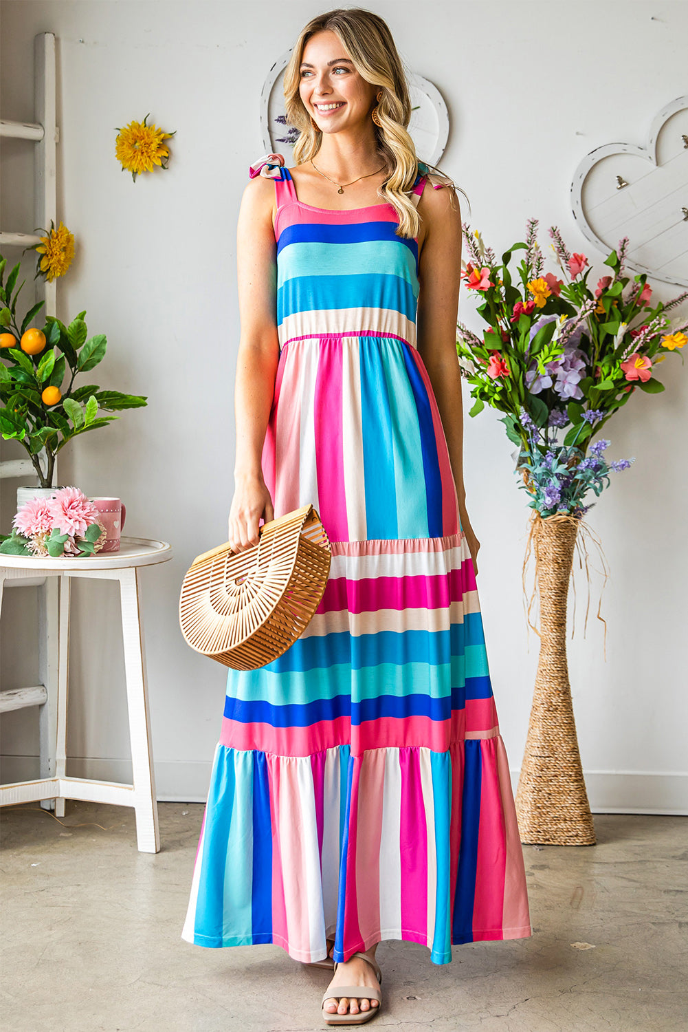 Multicolor Striped Print Bow Knot Straps Sleeveless Maxi Dress - Eloy Royal