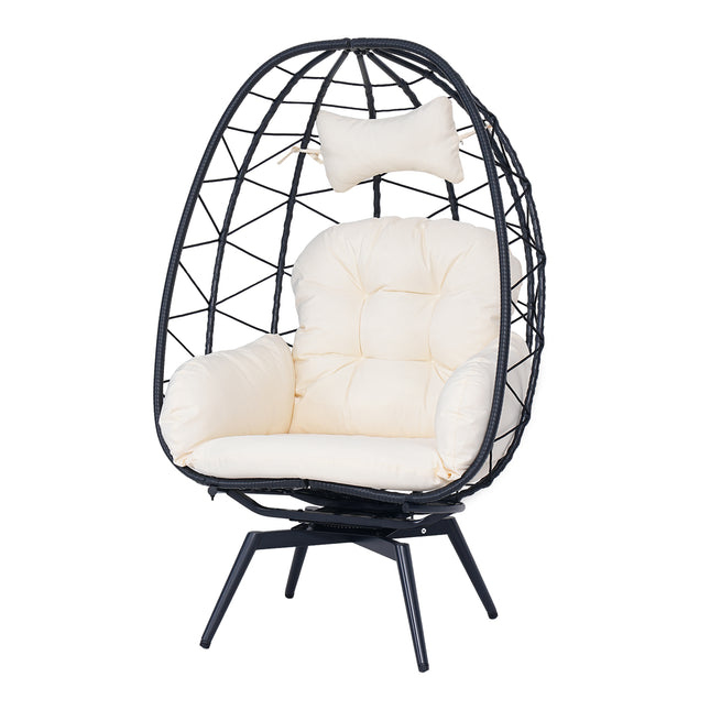 Oversized 360° Swivel Rattan Egg Chair Wicker Indoor Outdoor Patio Lounge Chair with Removable Thick Cushions