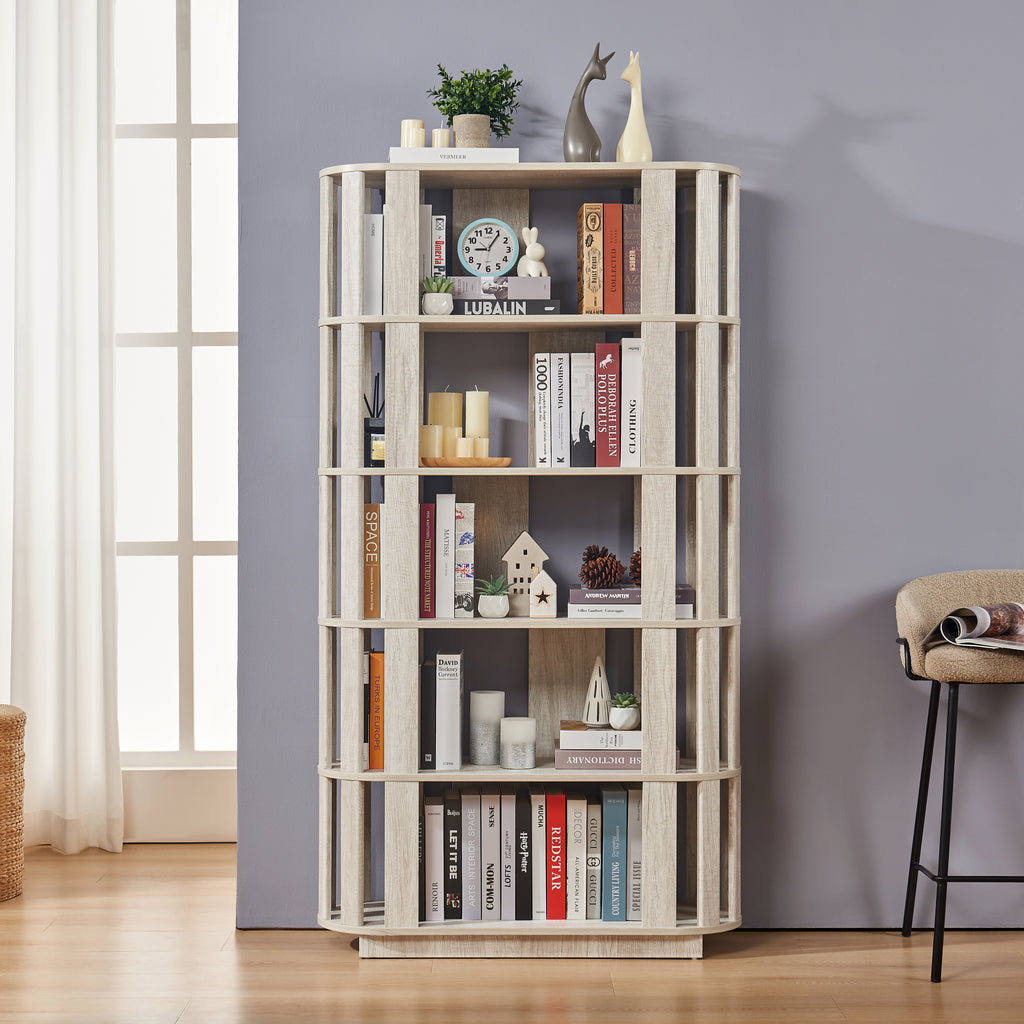Wooden Oval Open Bookshelf, MDF Grid Frame Freestanding Bookcase, 5-Tier Easy Assembly Storage Display Rack for Living Room Home Office Decor, DIY Free Combination Storage Cabinet Study Room