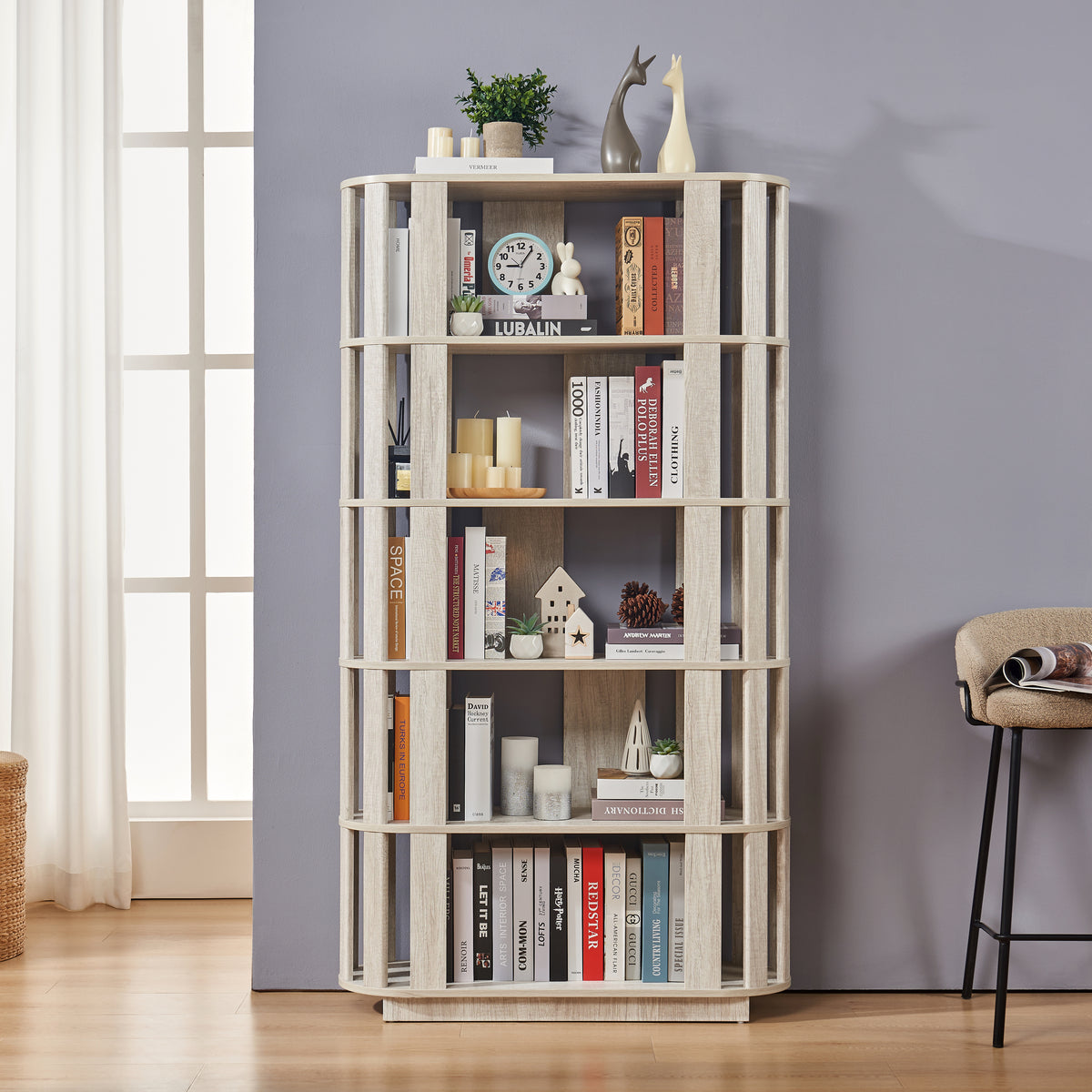 Wooden Oval Open Bookshelf, MDF Grid Frame Freestanding Bookcase, 5-Tier Easy Assembly Storage Display Rack for Living Room Home Office Decor, DIY Free Combination Storage Cabinet Study Room