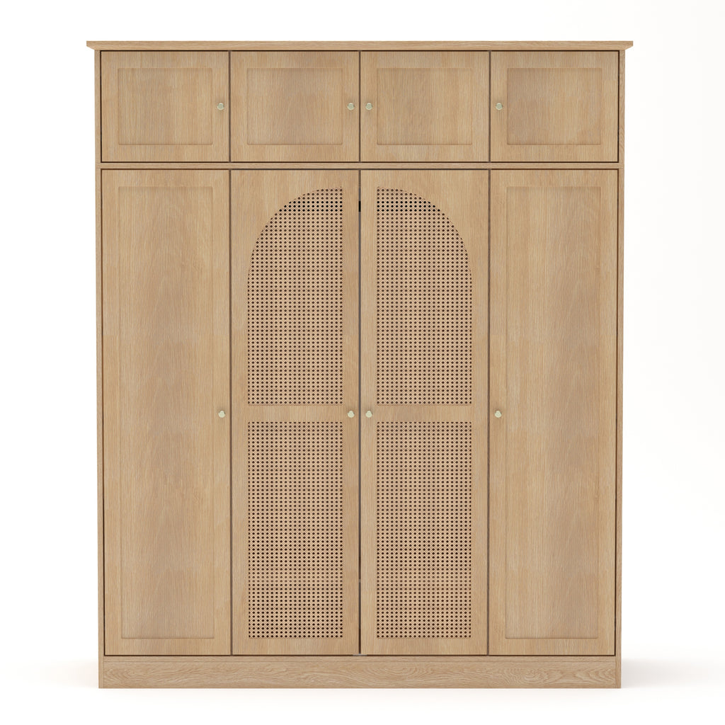 Natural Rattan Accented 8-Door Armoire Wardrobe with Adjustable Shelves and Hanging Rod, 70.87' Tall, MDF Construction, for Bedroom or Living Room Storage