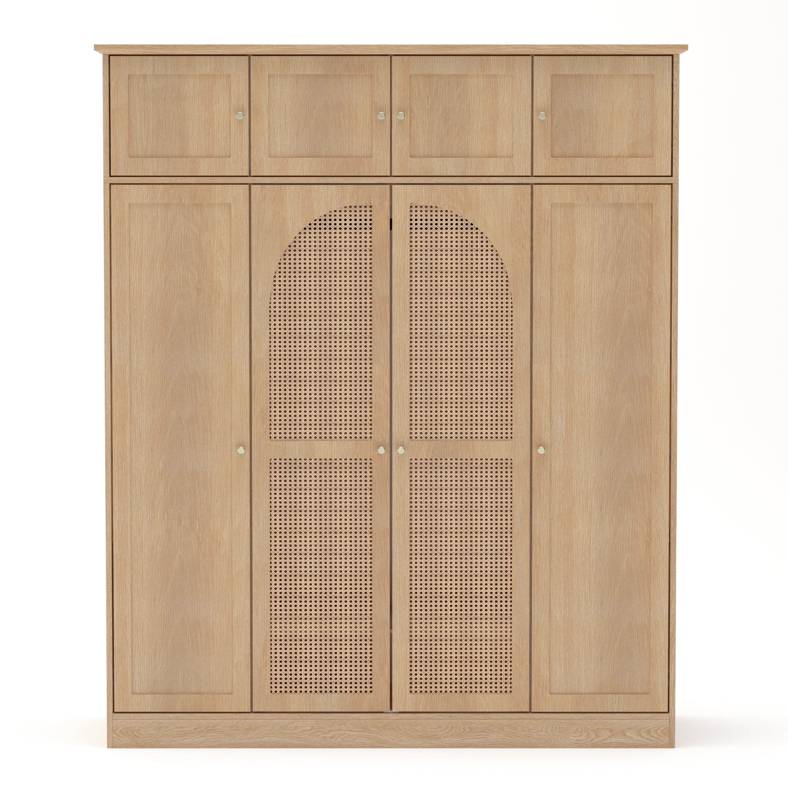 Natural Rattan Accented 8-Door Armoire Wardrobe with Adjustable Shelves and Hanging Rod, 70.87' Tall, MDF Construction, for Bedroom or Living Room Storage
