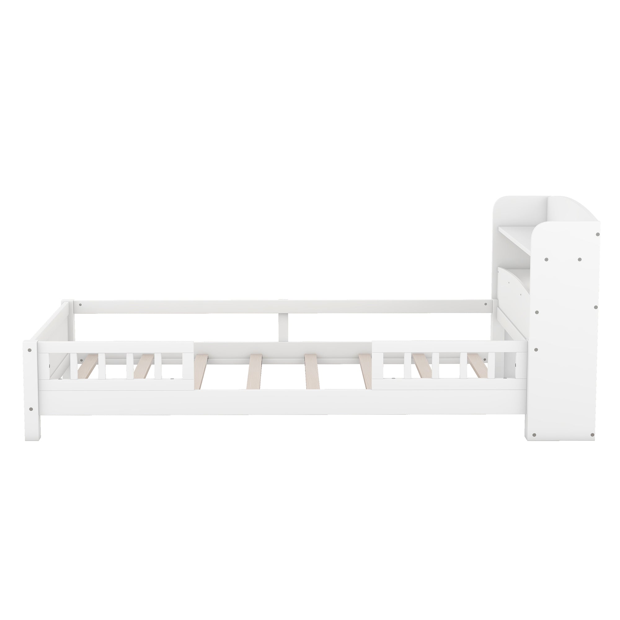 White Twin Size Platform Bed with Built-in LED Light, Storage Headboard and Guardrail, Solid Wood+MDF