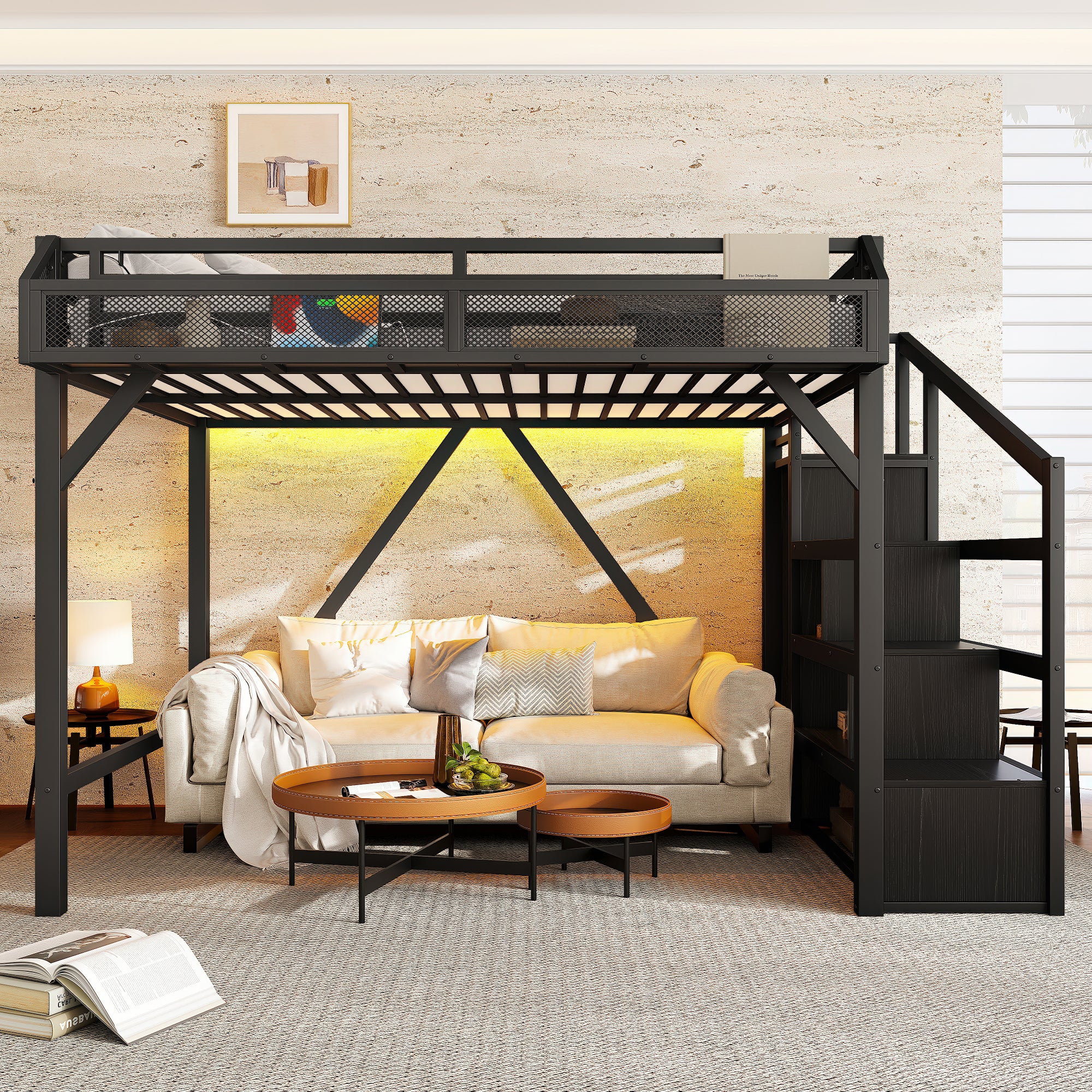 Full Loft Bed with Storage Stairs, Shelves and Built-in Wardrobe, Metal Loft Bed Frame with USB Ports and LED Lights, Noise-reduced Design, Black Woodgrain