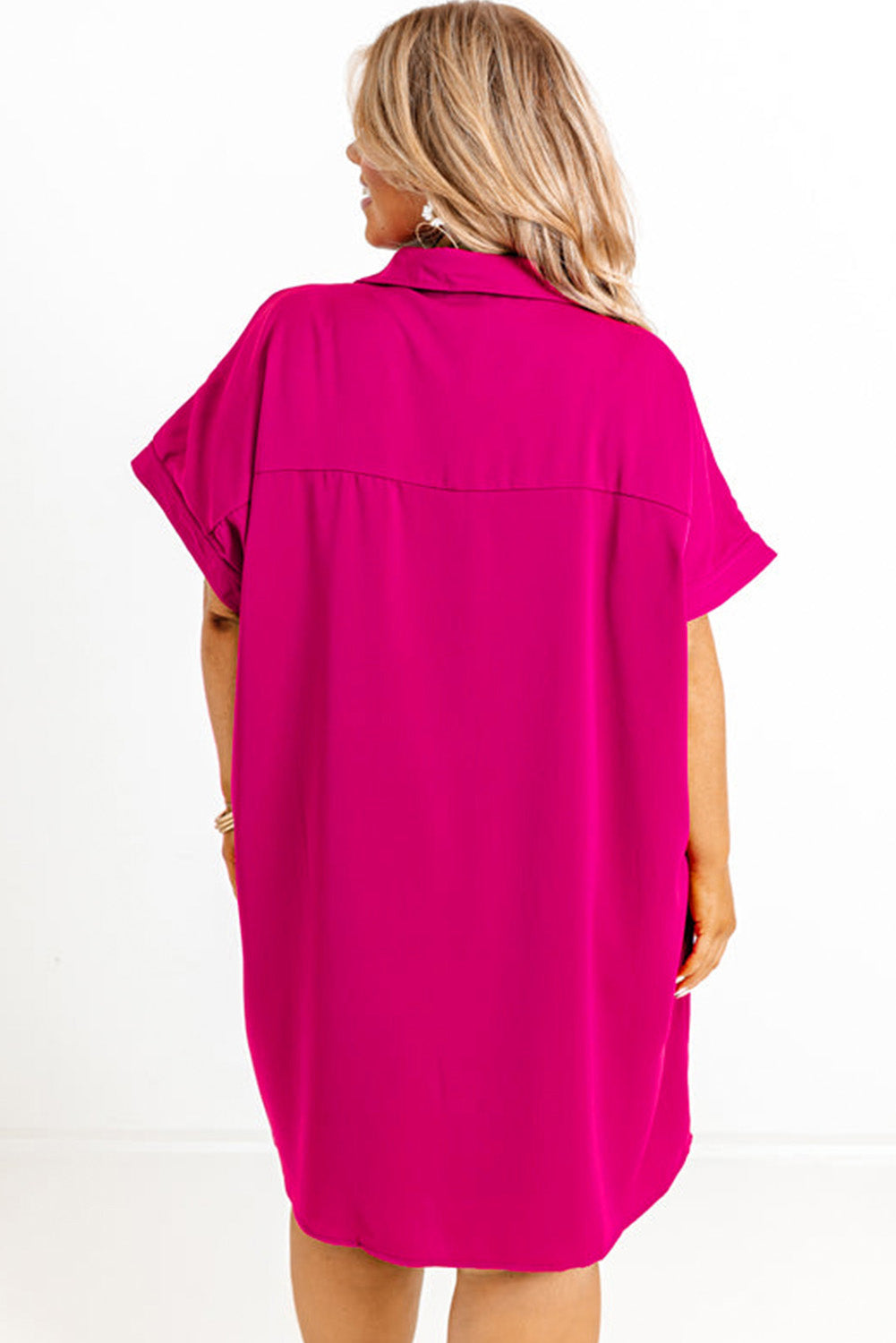 Bright Pink Collared V Neck Short Sleeve Plus Size Dress - Eloy Royal