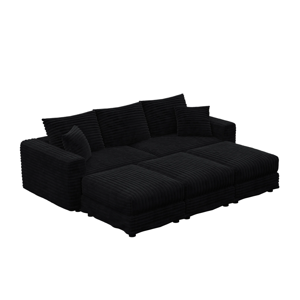 82.7 'Plush Corduroy 3-Seat Sofa,Modern Comfy Upholstered Sofa Cloud Couch,Deep Seat Couches with Soft Pillows and 3 Ottomans,Convertible Sofa Lounge Chair,Black - Eloy Royal